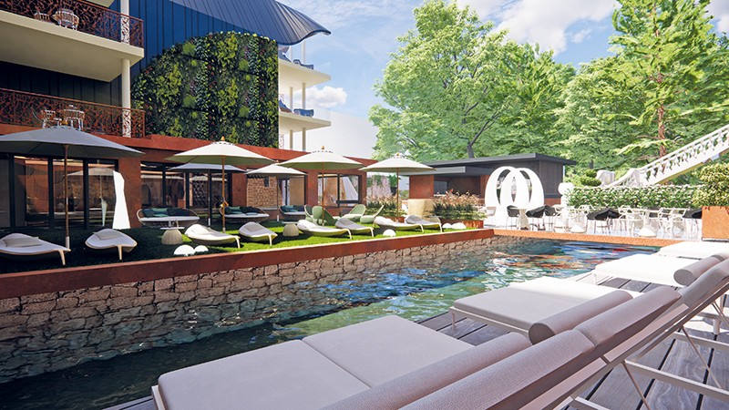 Le Spa de 1 200 m2 intérieur-extérieur sera doté d’une grande piscine, des espaces de repos au-dessus de l’eau ou sur pilotis avec vue sur la nature et d’un exceptionnel bar dans l’eau.