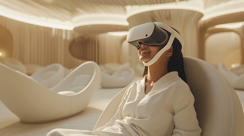 Le Touchless Wellness comprend également la réalité virtuelle qui permet des voyages immersifs favorisant détente mentale, réduction du stress et méditation profonde, à l’image de Meditative Experience créée par Julia Aguilar.