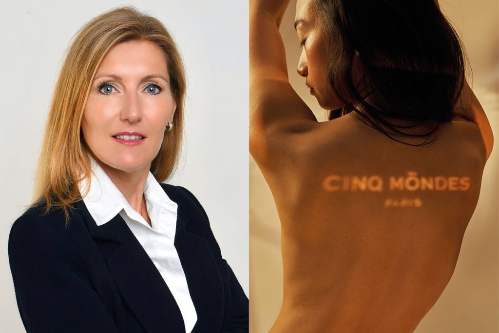 La nouvelle identité visuelle de Cinq Mondes, incarnation de l’évasion holistique qui caractérise la marque.