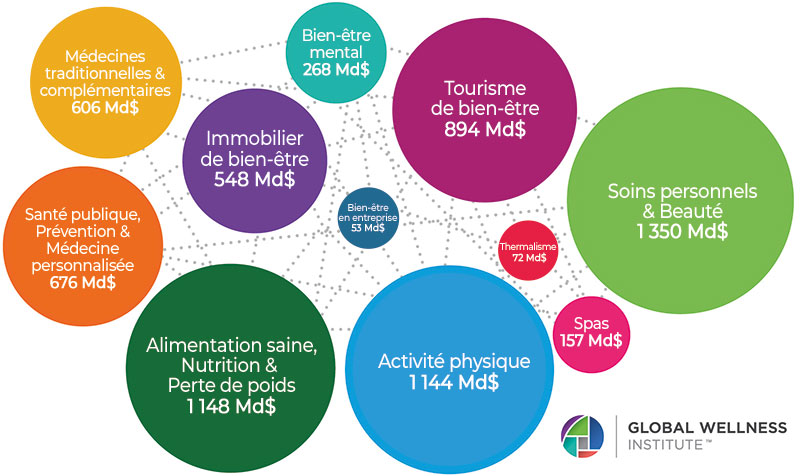 Note : les montants ne s’additionnent pas en raison de chevauchements entre les secteurs. Source: Global Wellness Institute