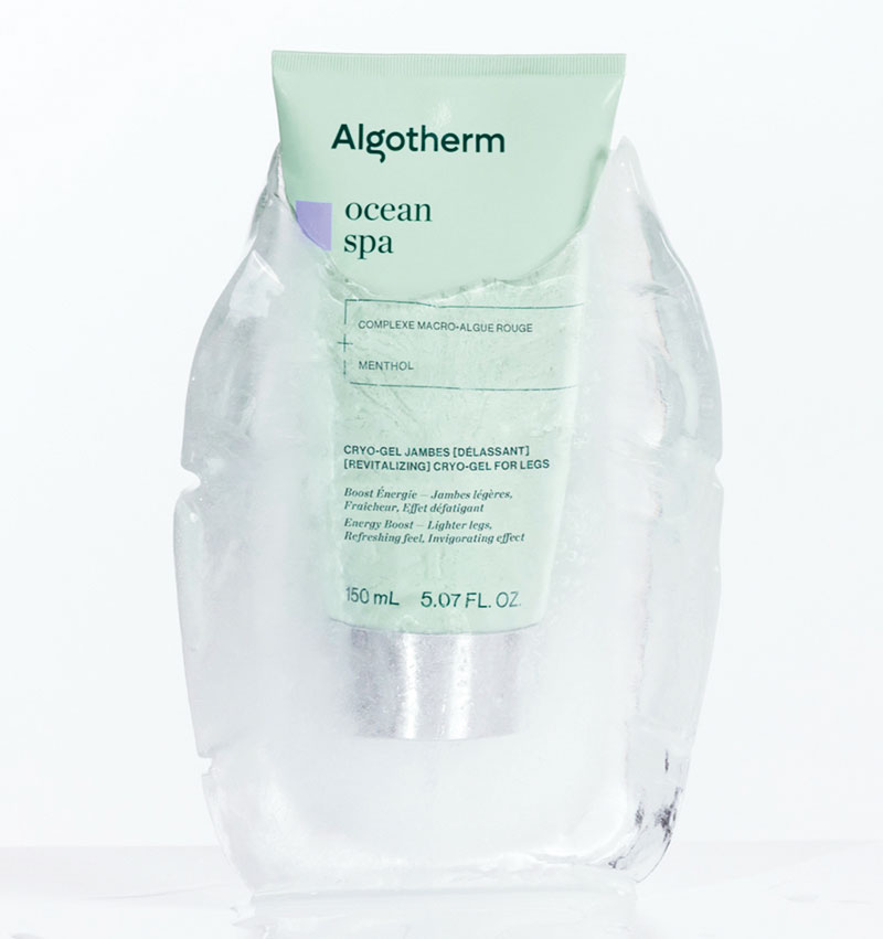 Le Cryo-Gel Jambes [Délassant], un soin emblématique d’Algotherm, mise en scène dans une identité visuelle fraîche et high-tech !