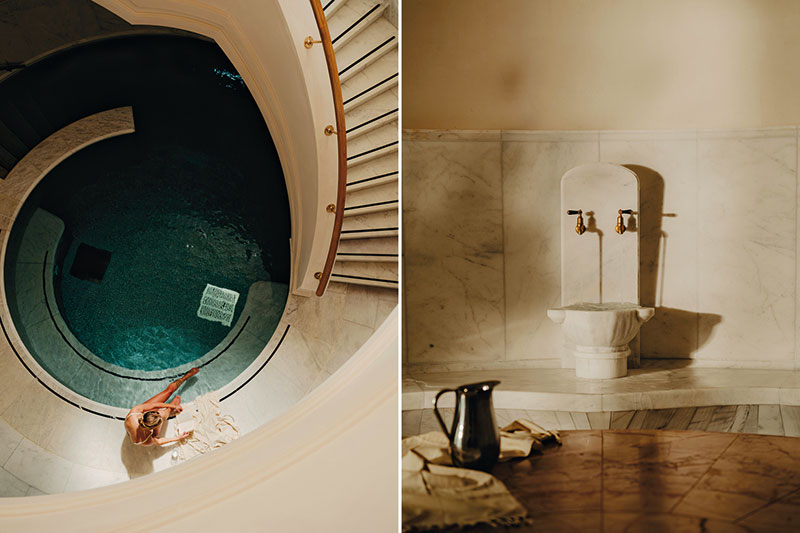 Volumes courbes et pierre claire : la monumentalité selon Roman and Williams à Eynsham Baths.