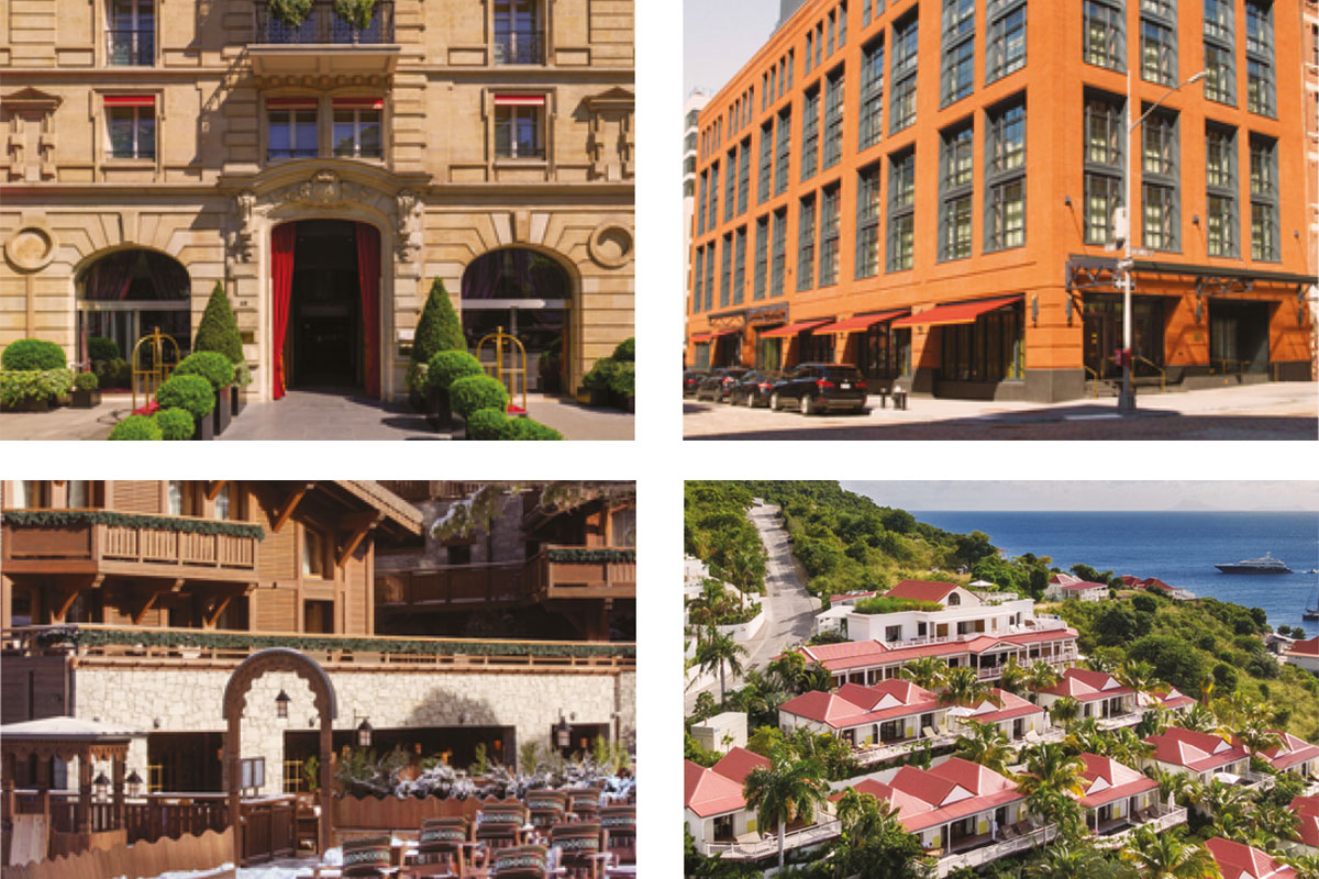 De gauche à droite et de haut en bas : Fouquet's Paris, Fouquet's New York, Fouquet's Courchevel, Fouquet's Saint-Barth
