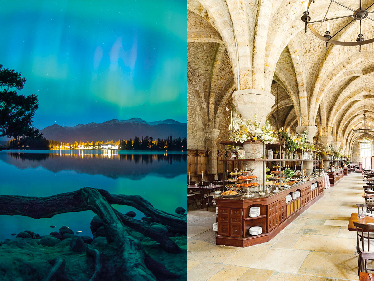 À gauche : Le Fairmont Jasper Park Lodge transforme son environnement d'exception en levier d'attractivité. À droite : L'Abbaye des Vaux de Cernay , un ancien domaine monastique réhabilité en destination hôtelière immersive.