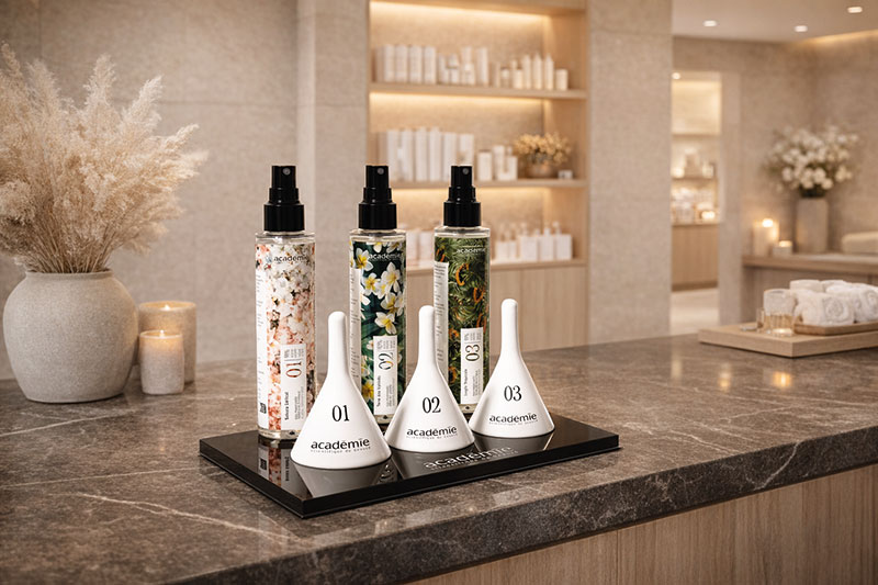 Avant chaque soin, le client découvre les eaux parfumées grâce à des cloches olfactives, puis sélectionne l’univers qui lui convient le mieux : floral, chaud ou frais.