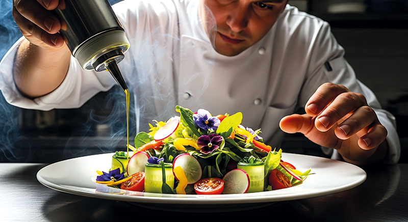 Tout commence par le visuel, le dressage, les couleurs dans l’assiette et les parfums. Des produits frais, de terroir, des cuissons douces préservant saveurs et nutriments, des aromates et une large place au végétal. Sonja KUIKSTRA
