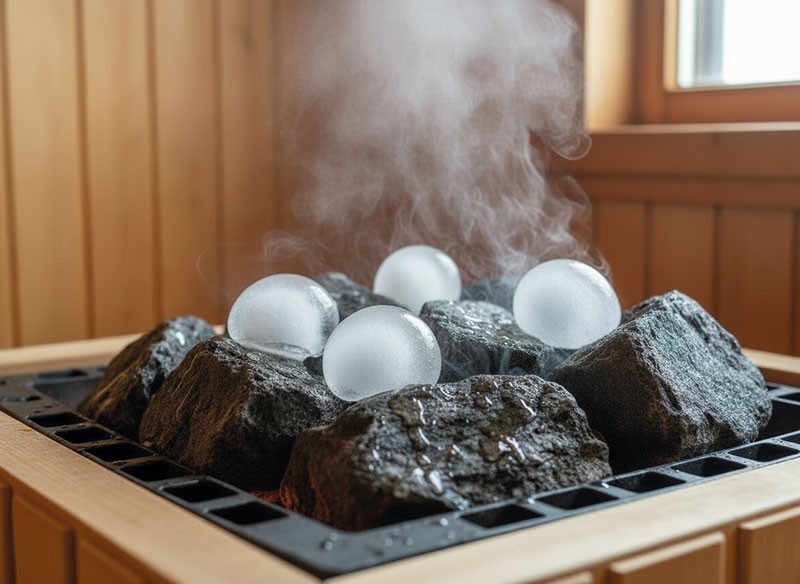 Déposée sur le poêle chaud, la boule de glace fond lentement et libère progressivement les notes aromatiques dans l'atmosphère du sauna.
